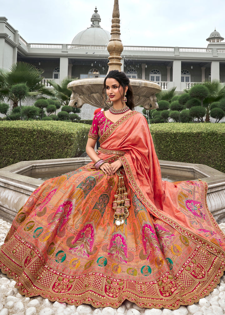 Orange & Pink Banarasi Silk Lehenga with Zarkan Codding work