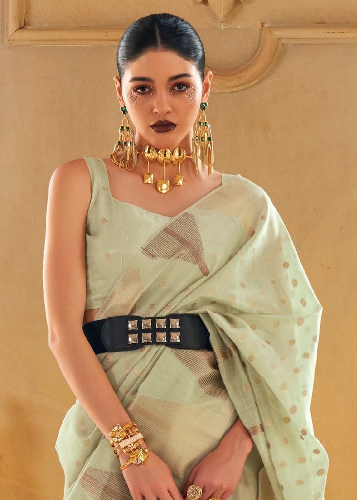 Mint Green Tissue and Khicha Zari Handloom Weaving Silk Saree