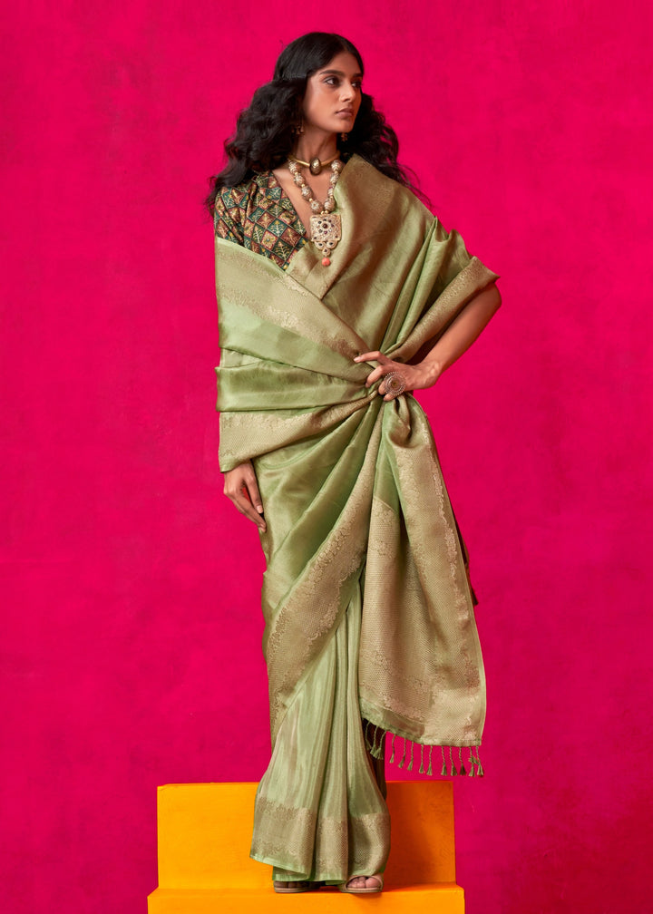 Bud Green Zari Tissue Silk Saree With Weaving Border