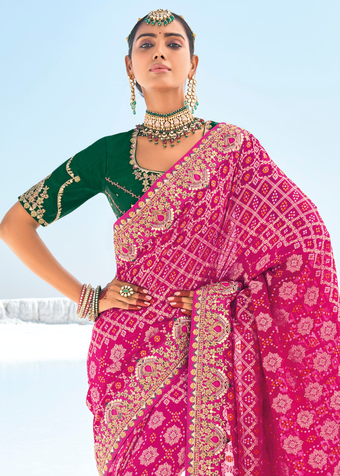 Hot Pink Pure Georgette Bandhani Patola With Zari Weaving Heavy Work Saree