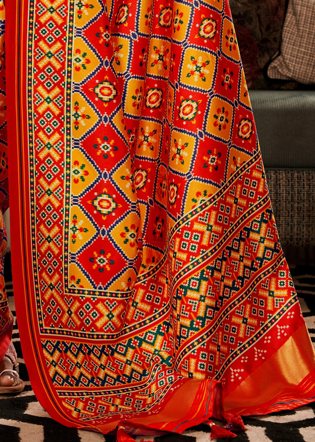 Blonde Yellow & Orange Tussar Silk Saree With Beautiful Patola Print