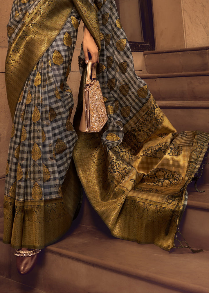 Olive Check Handloom Weaving Silk Saree