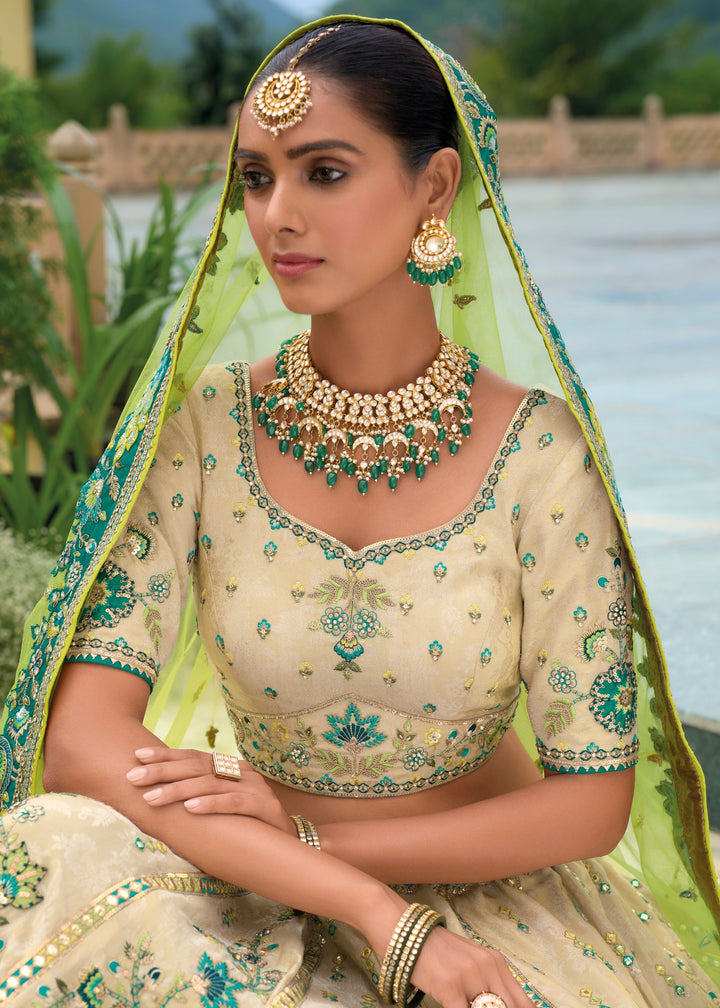 Green And White Banarasi Silk Lehenga With Heavy Embroidery Work