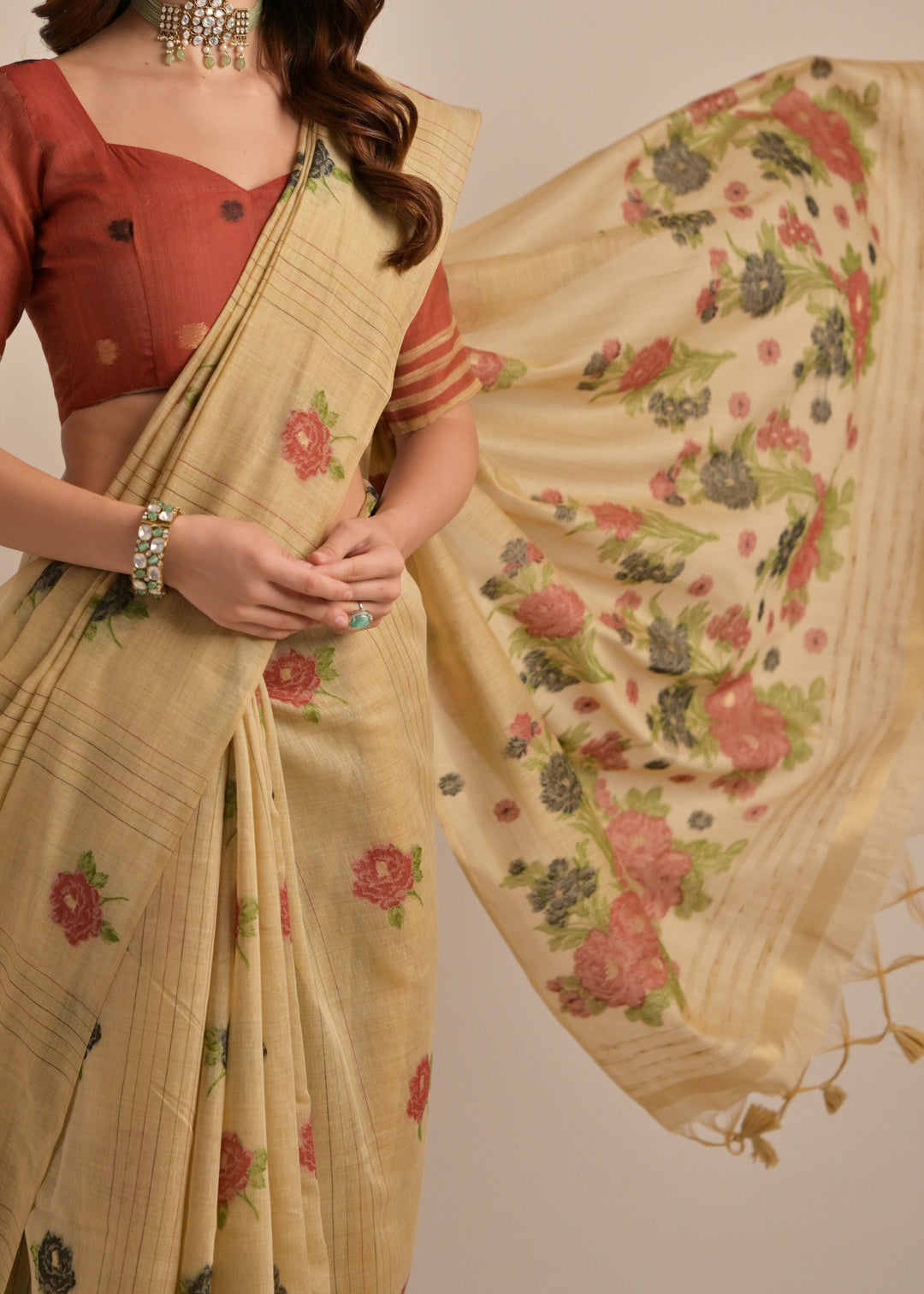 Pale Brown Thread Woven Cotton Saree With Contrast Blouse