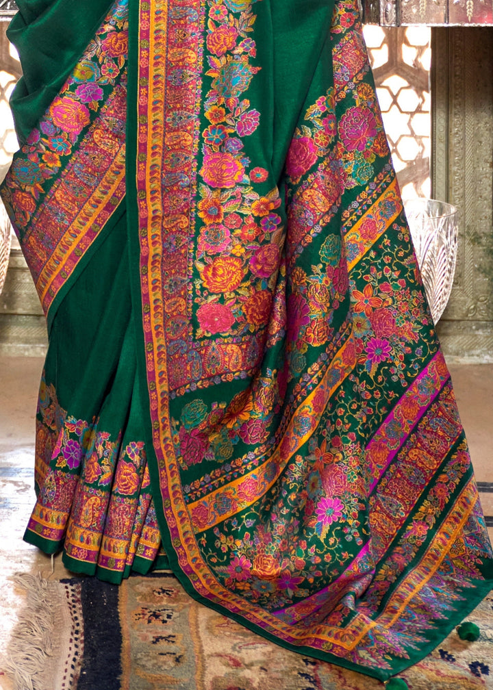 Pine Green Silk Saree With Luxury Print And Glory Finish