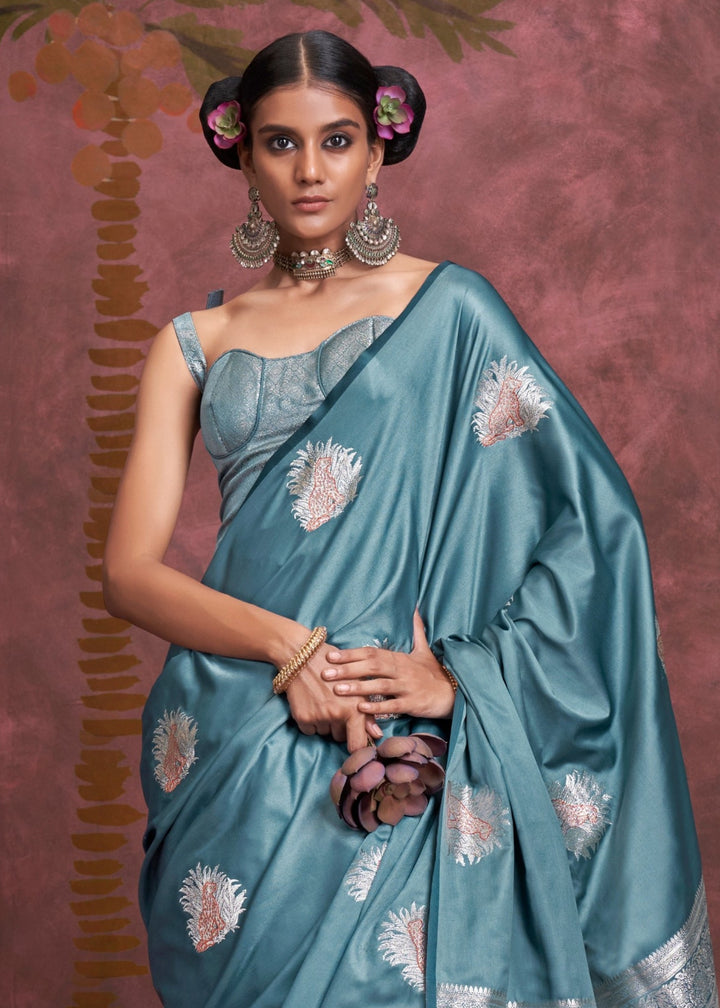 Azure Blue Handloom Weaving Satin - Banarasi Zari Saree