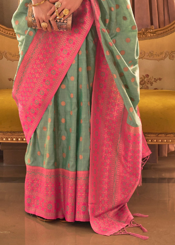 Fern Green Bamboo Copper Zari Handloom Weaving Saree