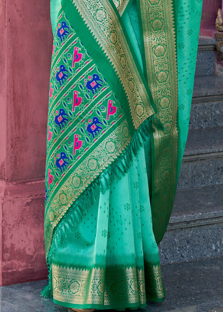 Emerald Green Tusser Handloom Silk Saree With Zari Weaving Border & Patola Weaved Pallu