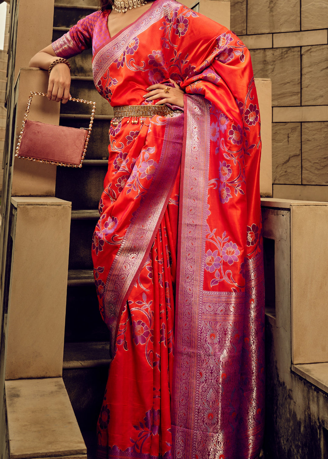 Red Handloom Weaving Satin Saree