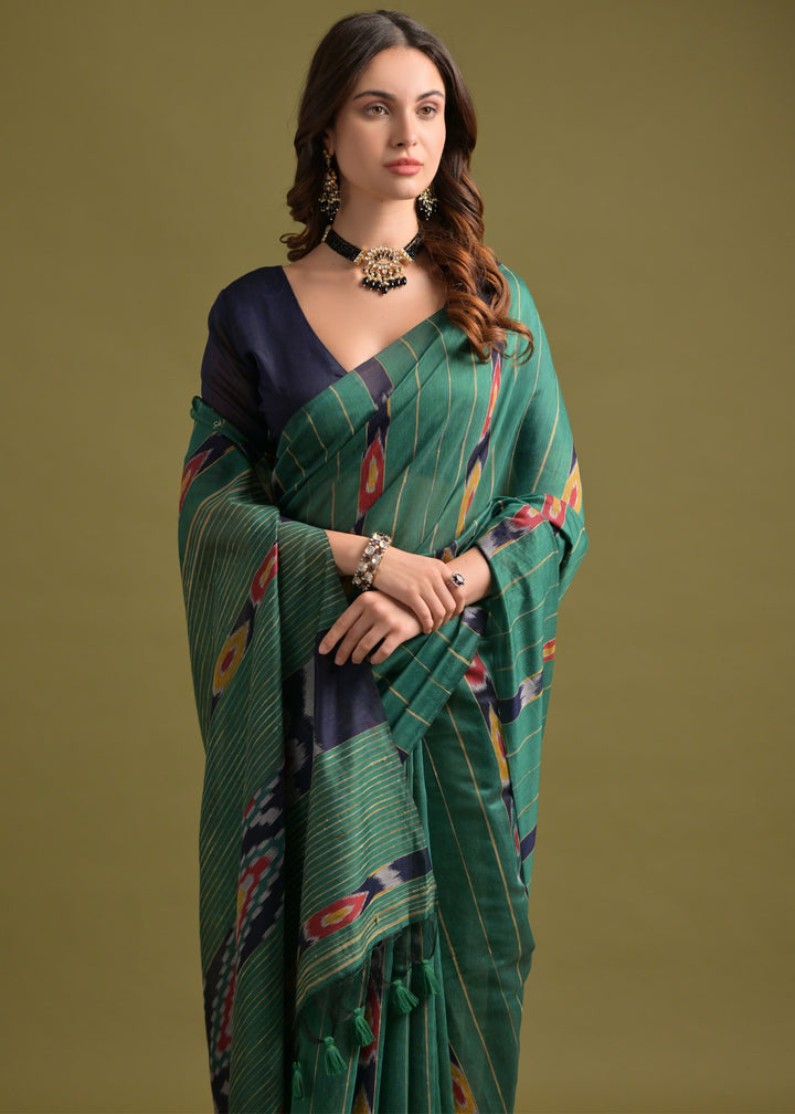 Jade Green Soft Ikkat Cotton Printed Saree