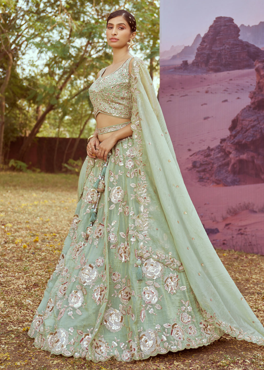 Lime Green Organza Sequins embroidery Lehenga