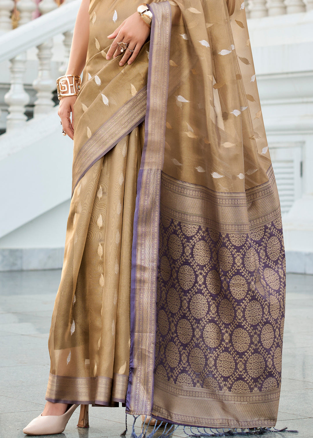 Sand Brown & Blue Tissue Silk Saree With Zari Weaving And Contrast Blouse