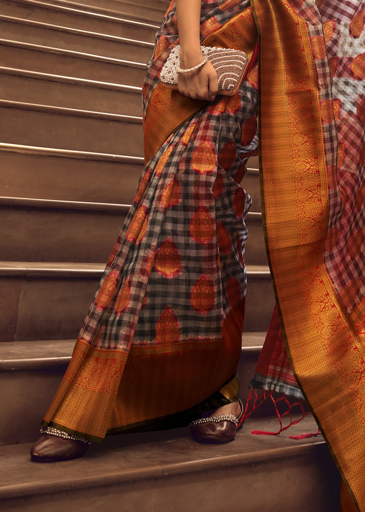 Orange Check Handloom Weaving Silk Saree