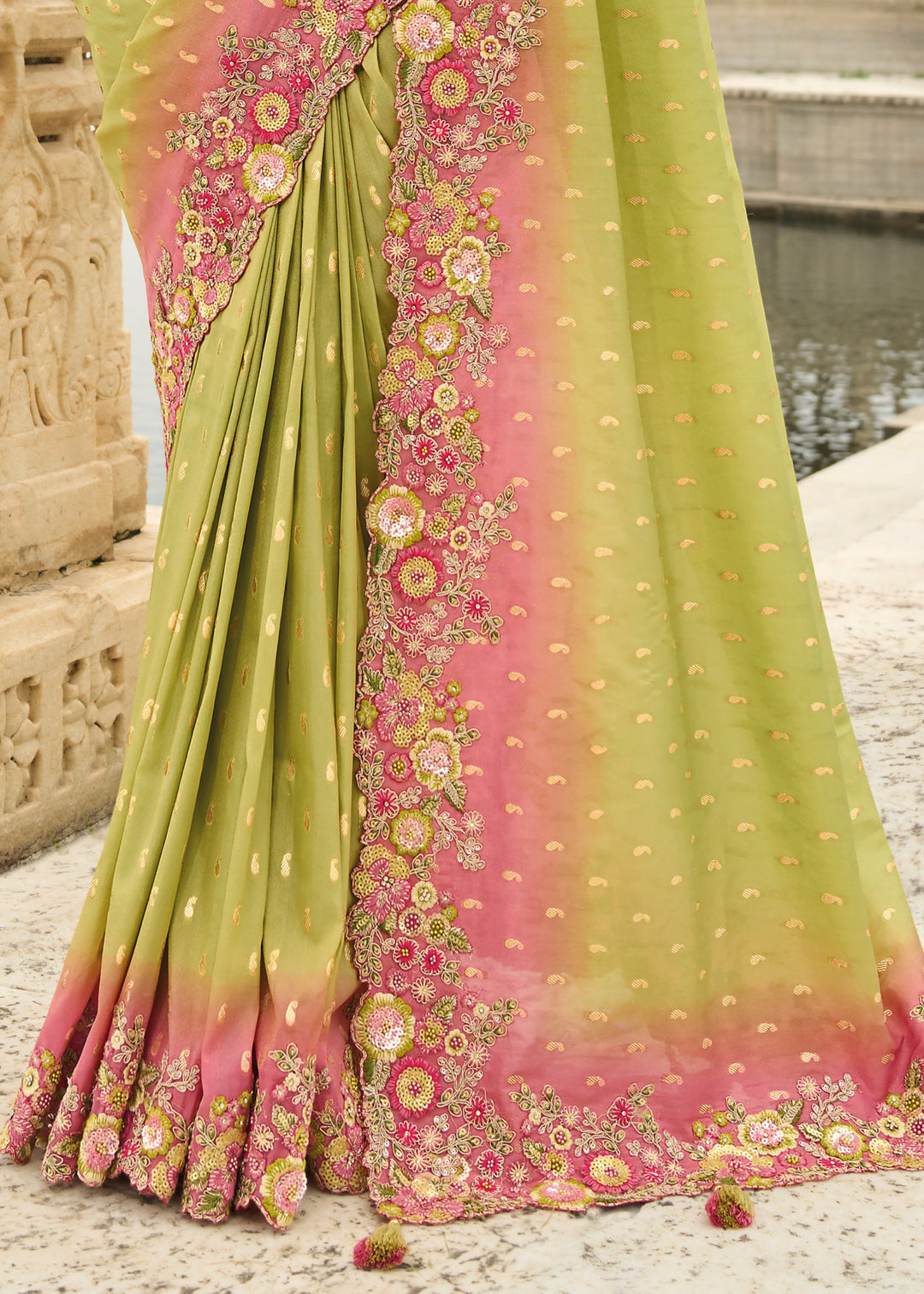 Volt Green Viscose Tissue Silk Saree With Embroidery Cut Work Border And Sequence Work