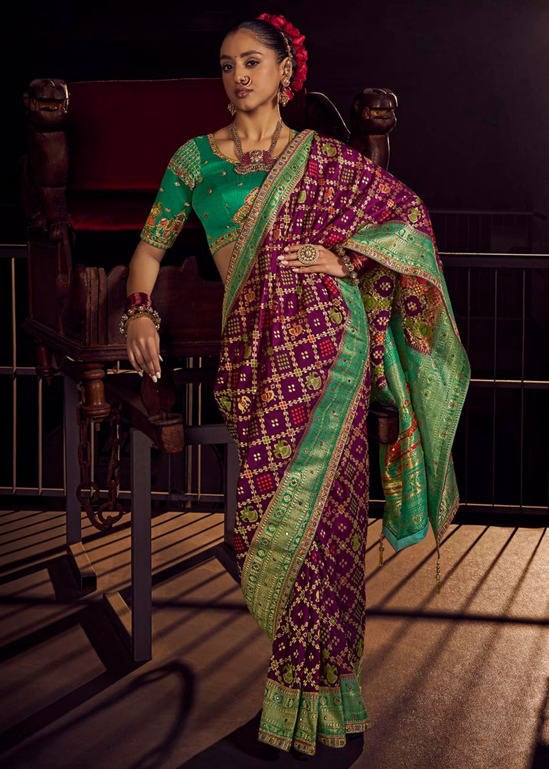 Thistle Purple Pure Viscose Dola Silk Saree With Handwork On Blouse And Pallu