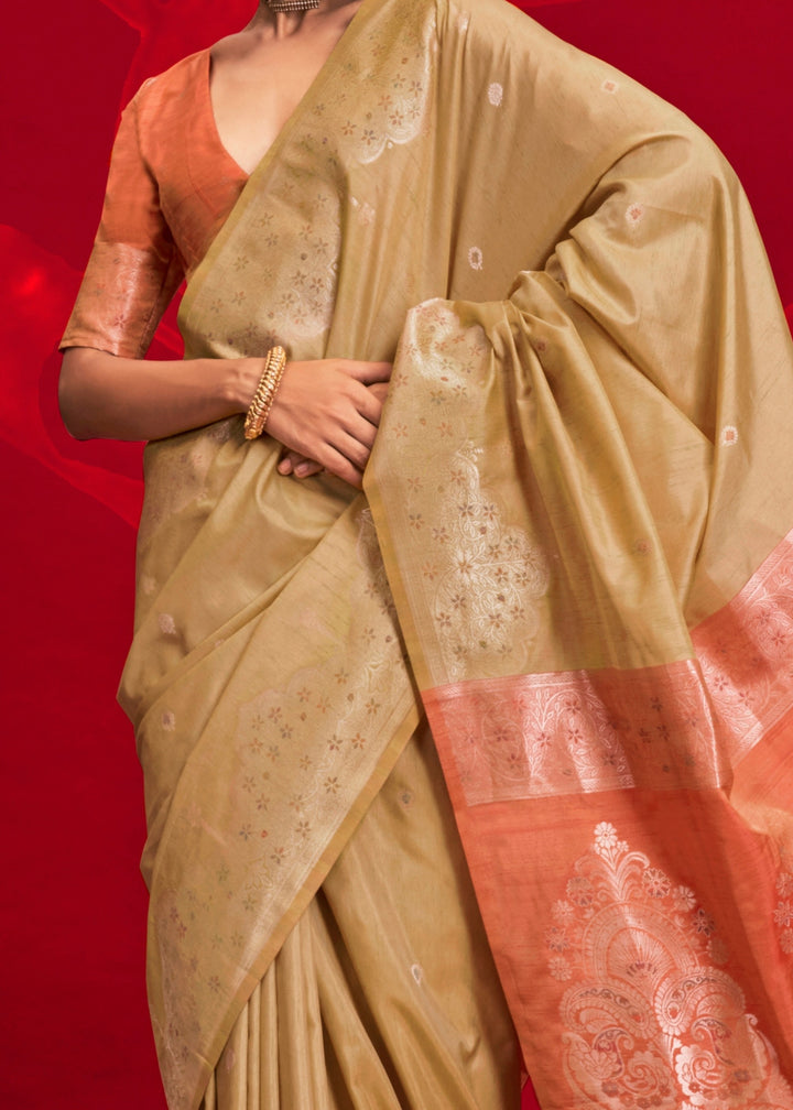 Mustard Tussar Silk Handloom Weaving Saree with Contrast Ikkat Pallu