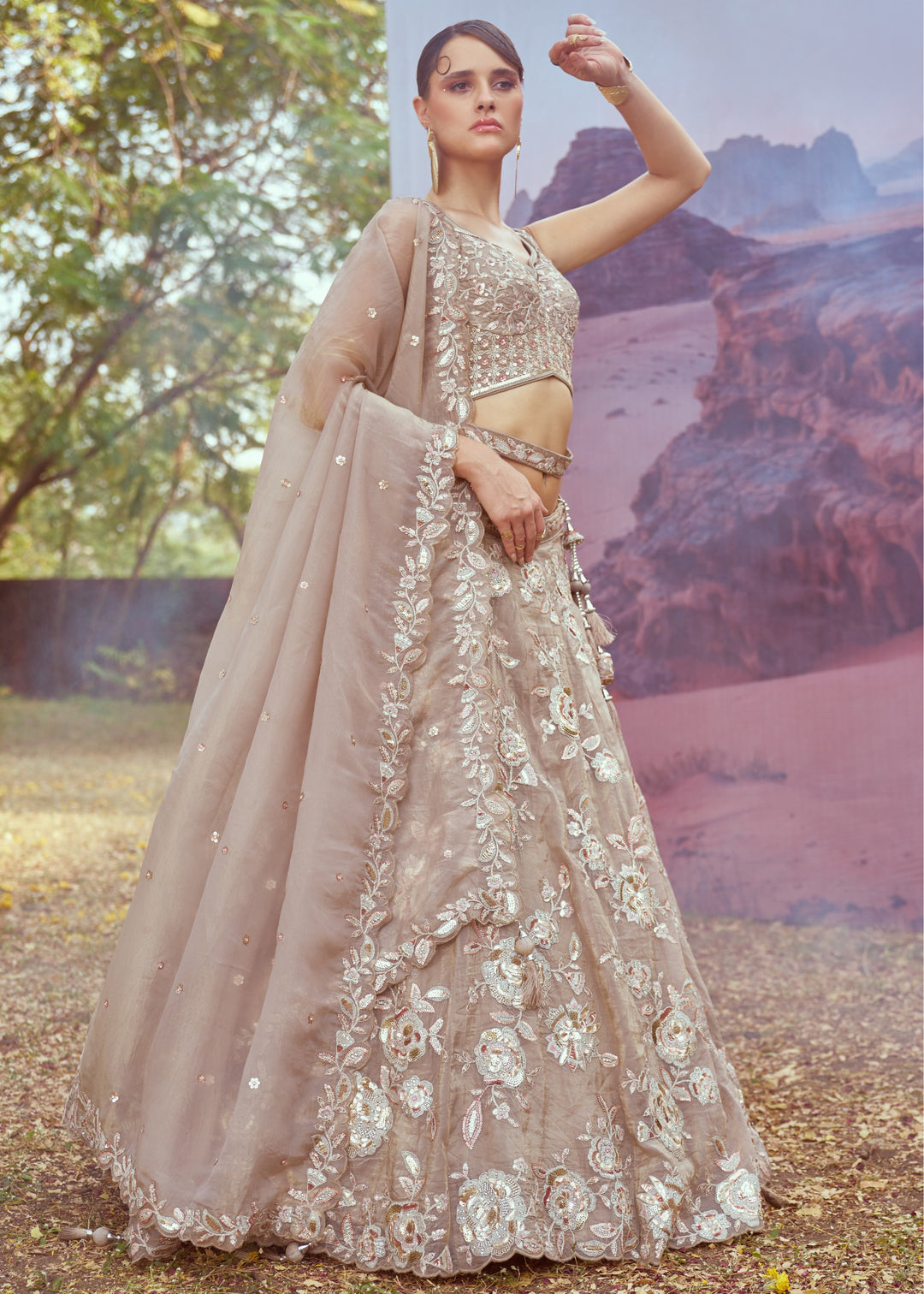 Beige Organza Sequins embroidery Lehenga