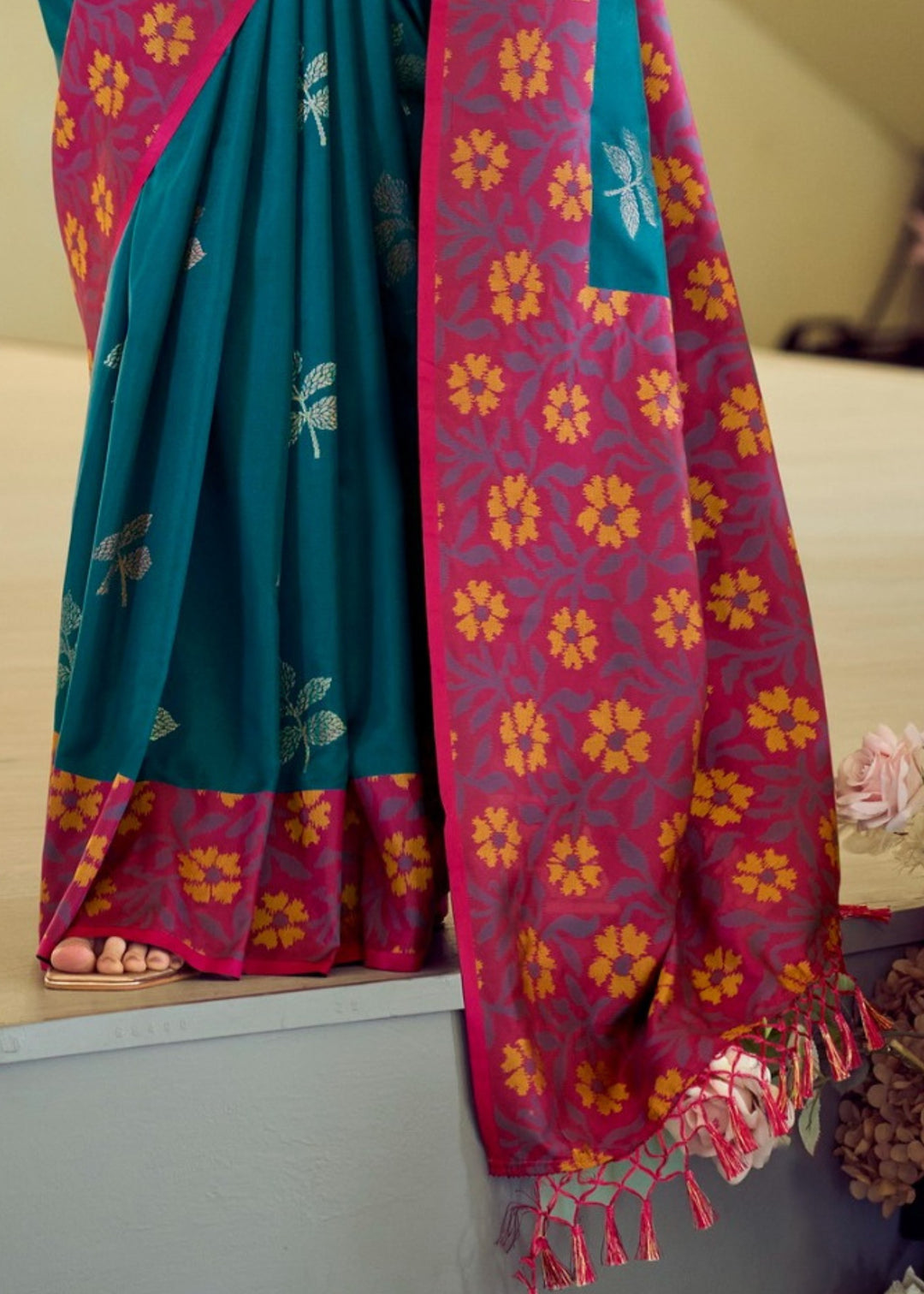 Teal Green Soft Silk Saree With Ikkat Border