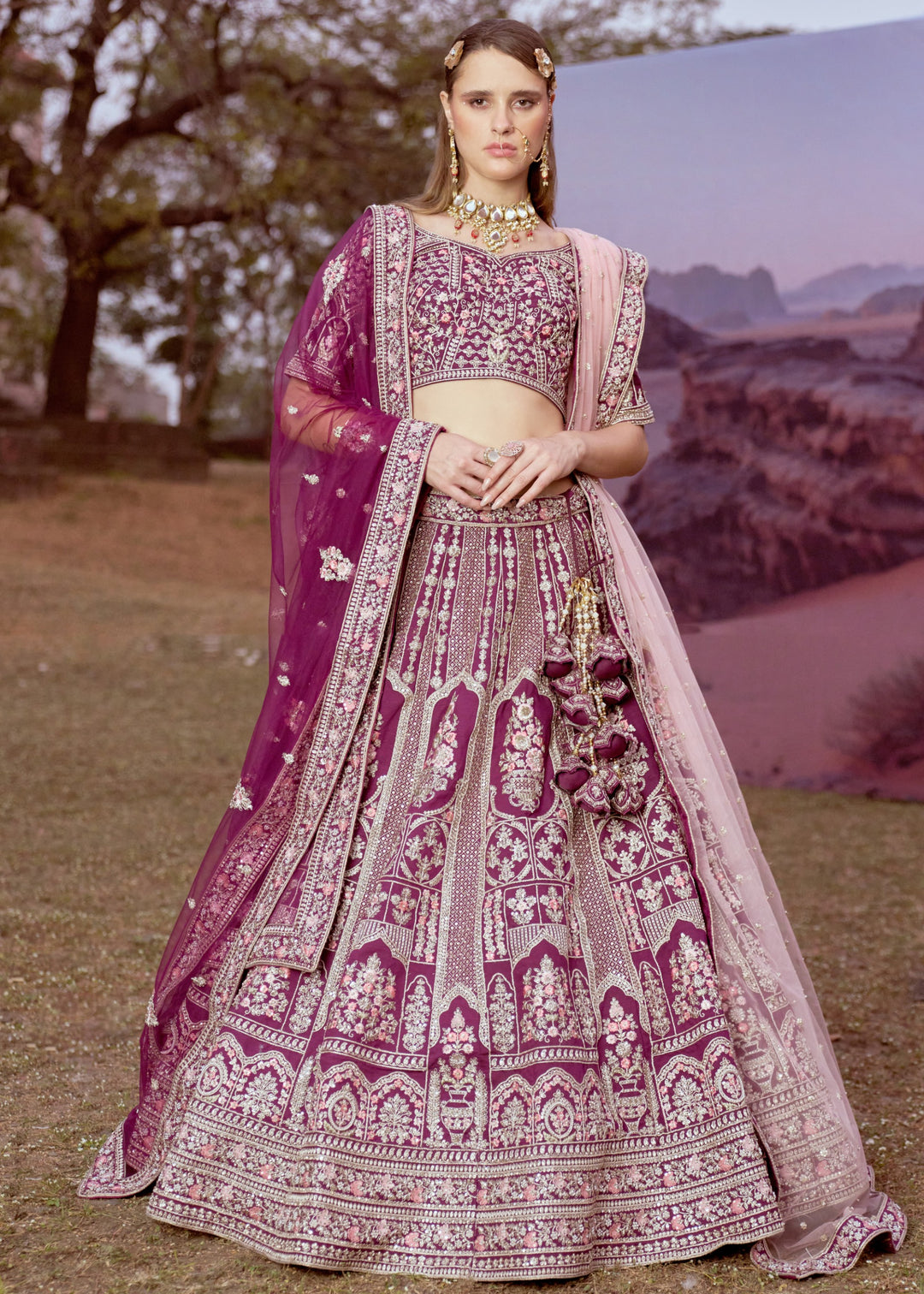 Purple Pure silk Moti, Sequins embroidery Bridal Lehenga