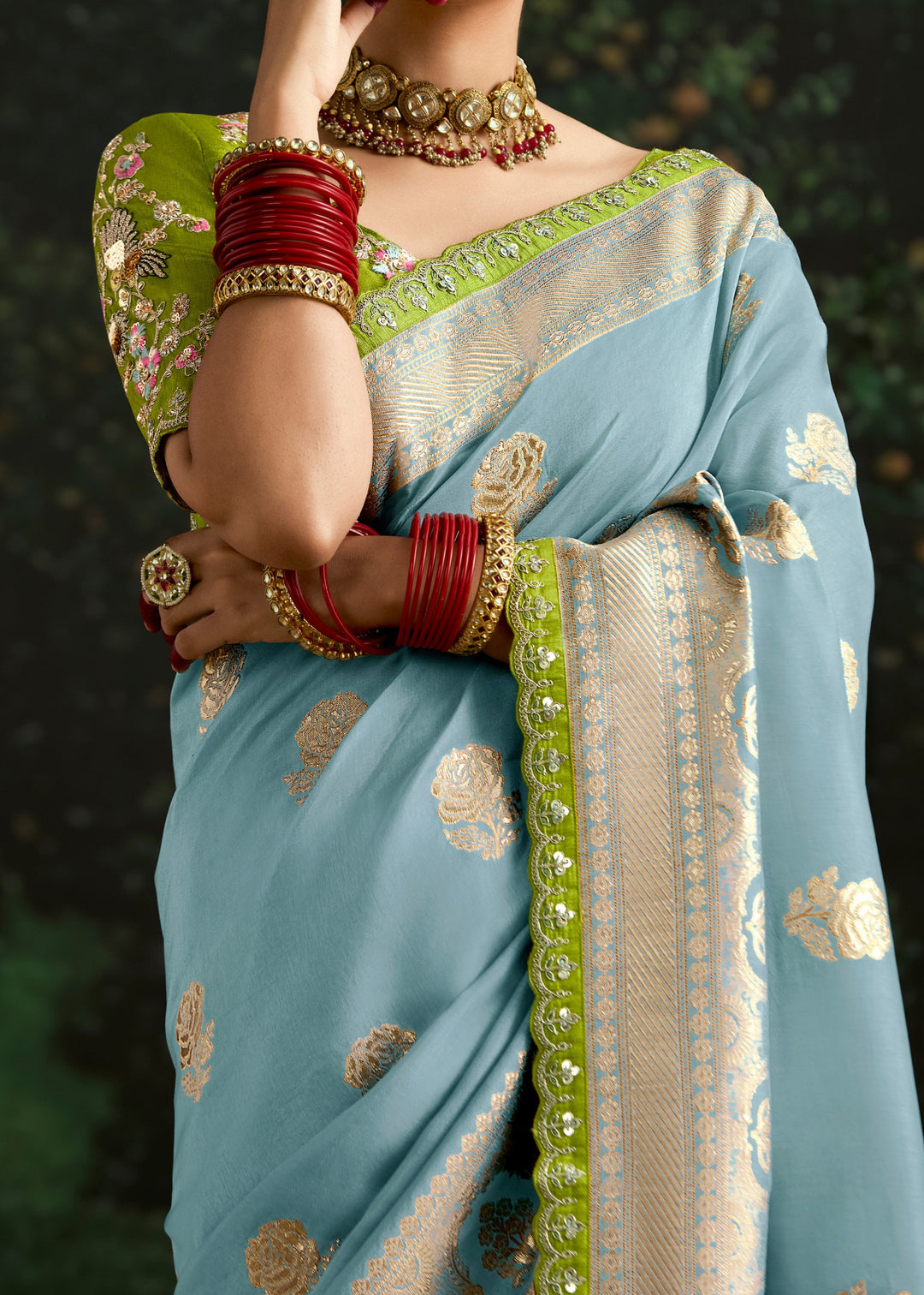 Sky-blue and Lime-green Viscose silk Saree with Zari work