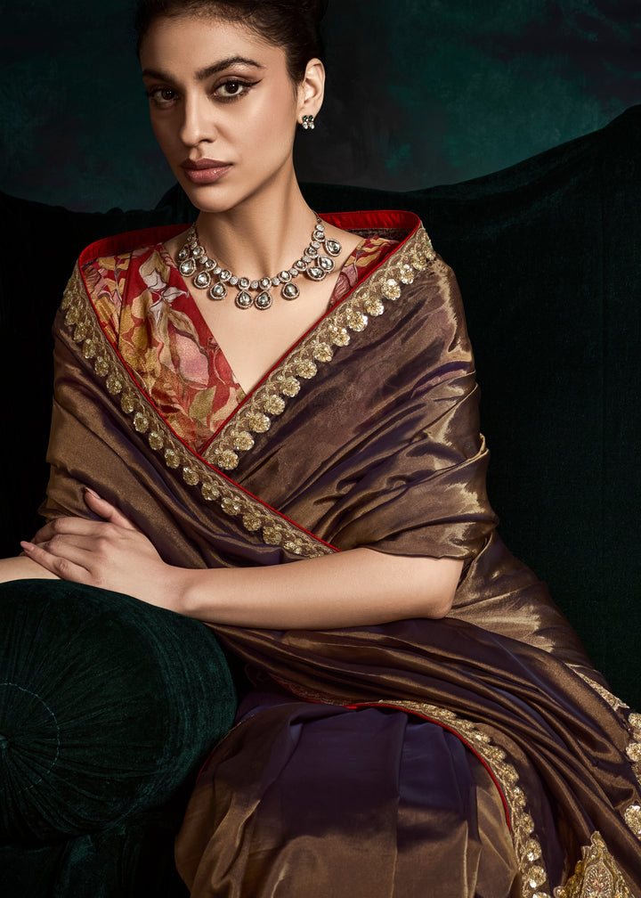 Mocha Brown Fancy Fabric Silk Saree With Sequins And Thread Embroidered Butti Work