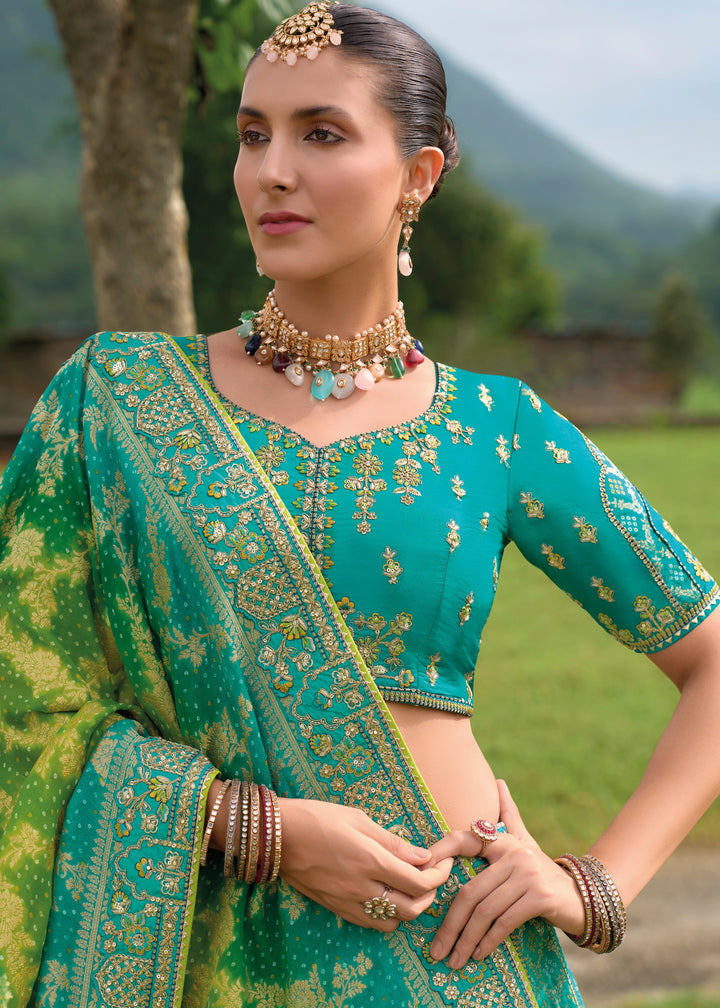 Teal Blue Banarasi Silk Lehenga With Heavy Embroidery Work