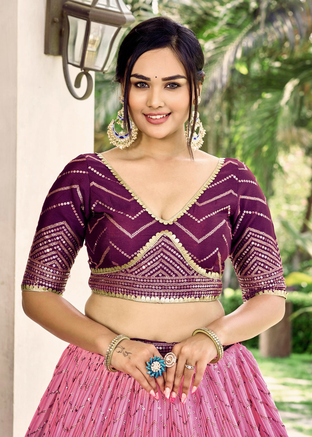 Plum Purple Chinon Silk Lehenga With Sequence and Thread Embroidery Work