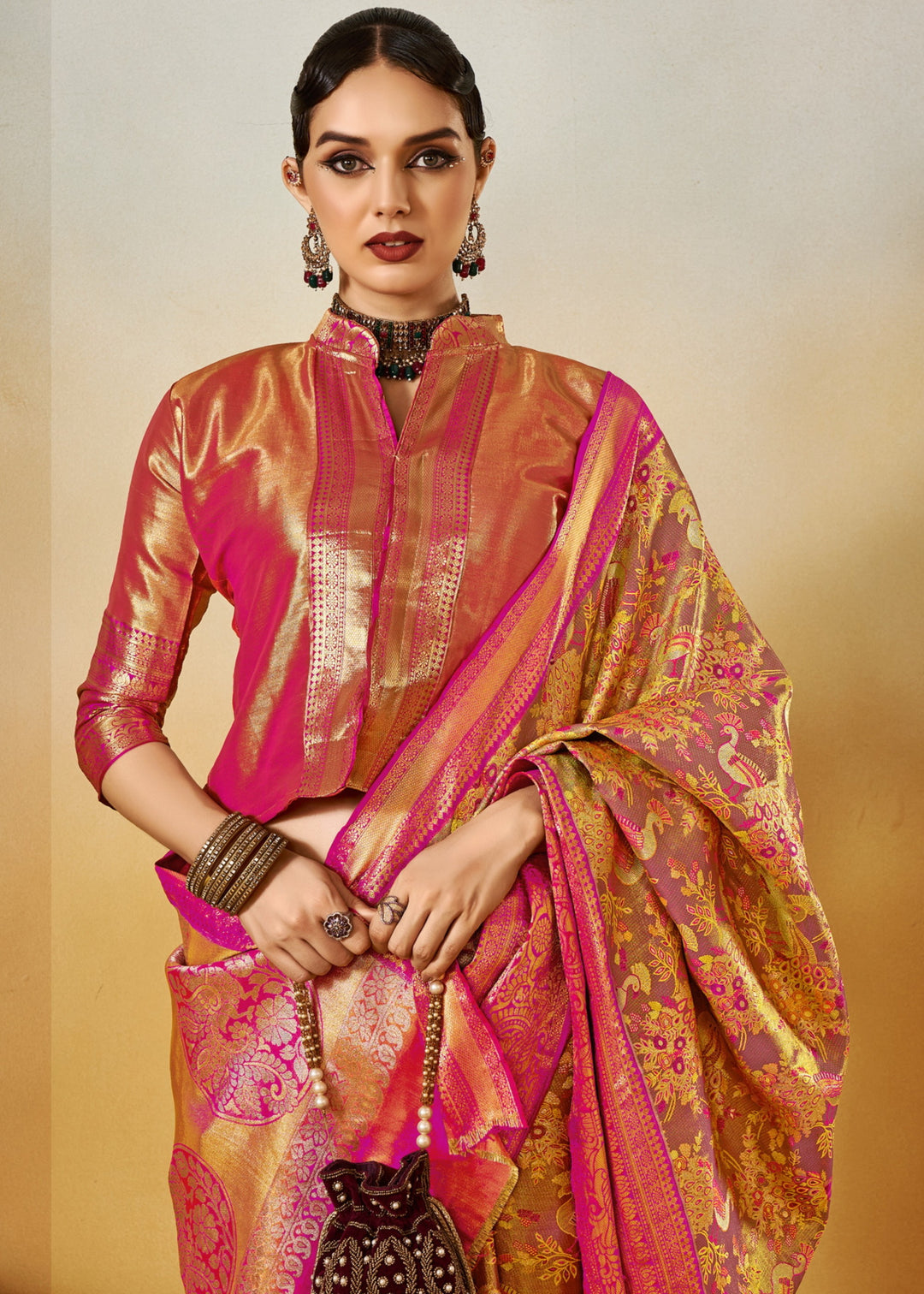 Pink and Orange Handloom Dharamavaram Silk Saree