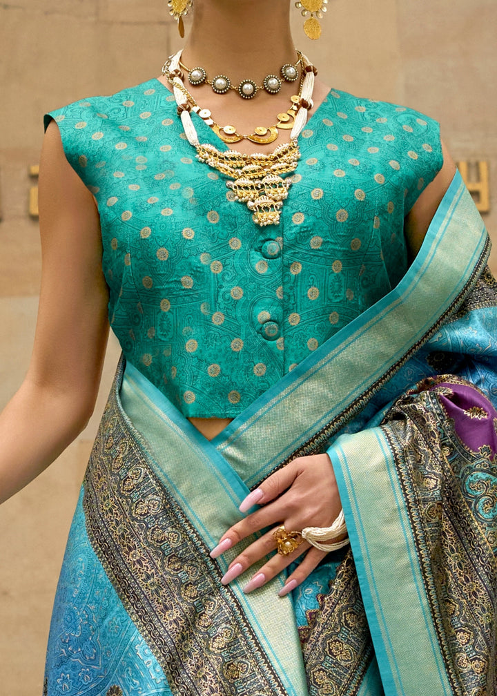 Light Blue Poly Viscose Silk Saree With Foil Print