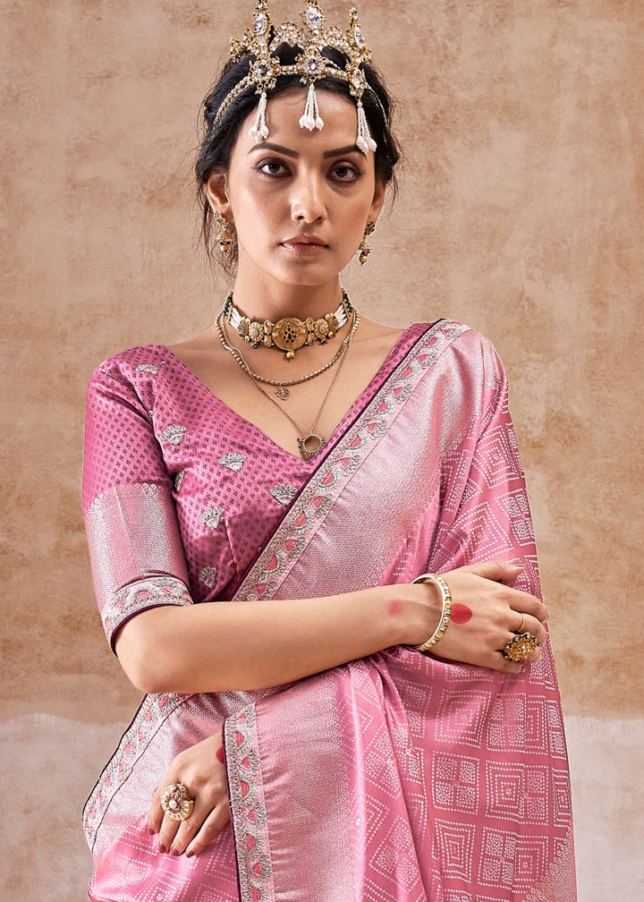 Blush Pink Satin Silk Saree With Heavy Embroidery Lace & Blouse