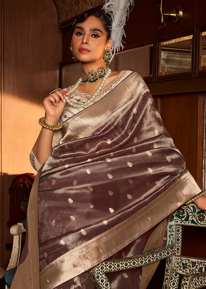 Pecan Brown Pure Tissue Paithani Silk Saree with Heavy Designer Embroidered Blouse