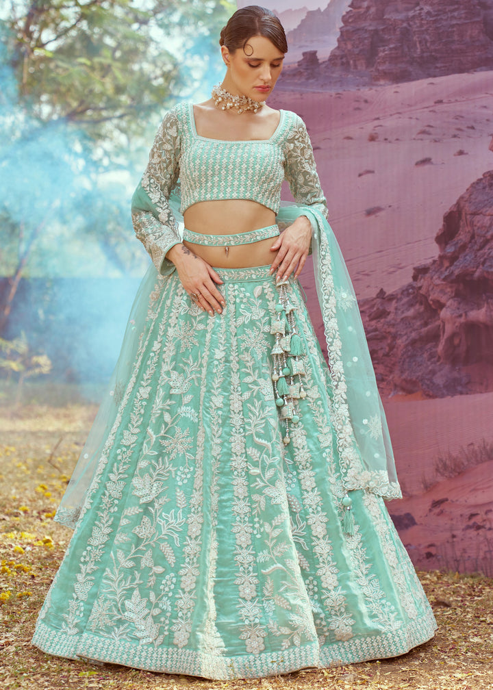 Sea green Organza Sequins embroidery Lehenga