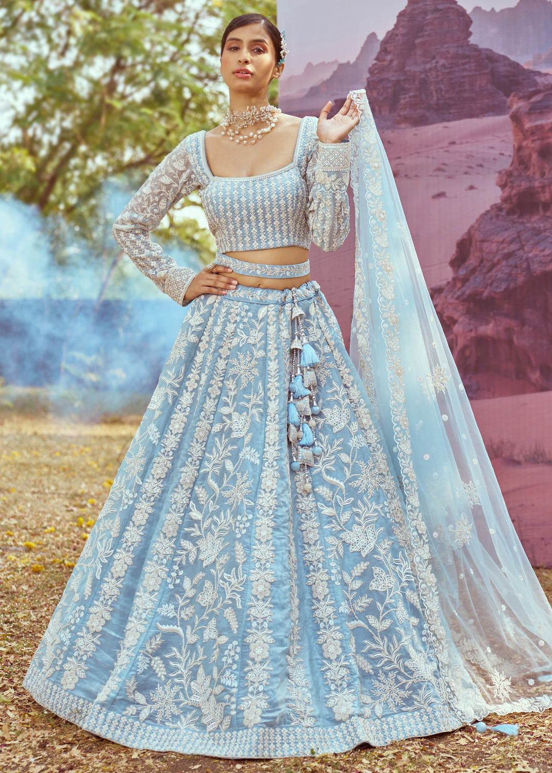 Sky Blue Organza Sequins embroidery Lehenga