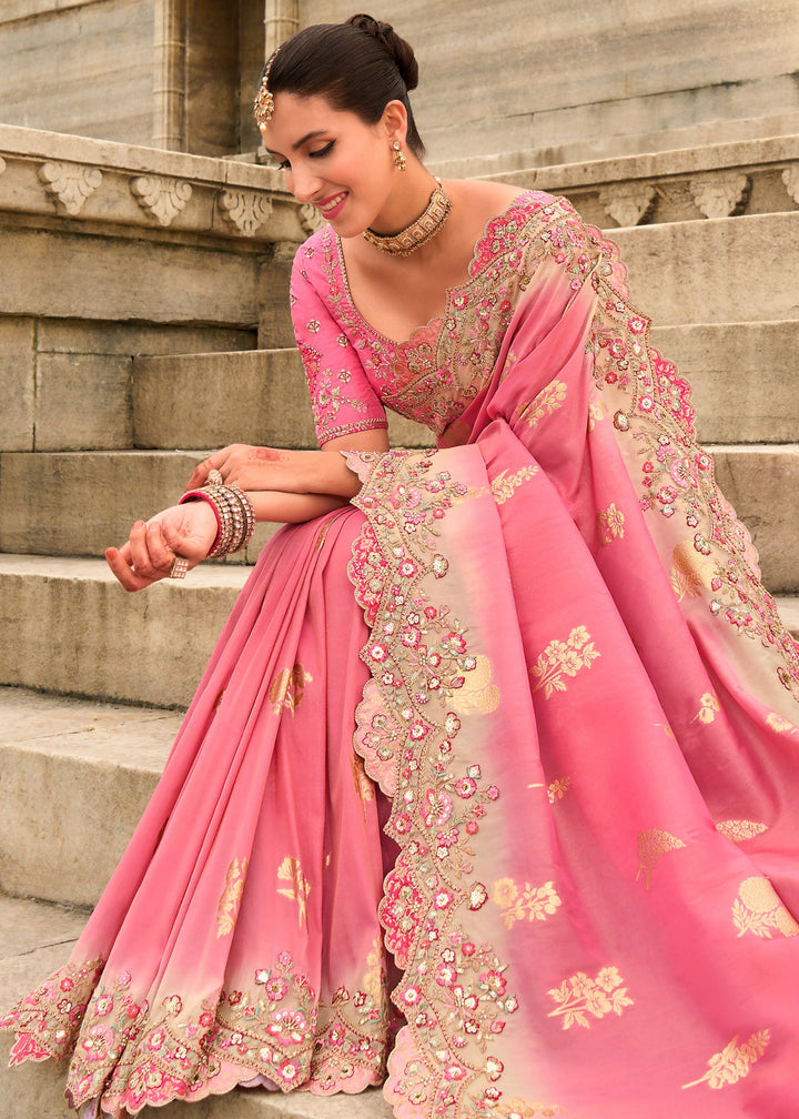 Blush Pink Viscose Tissue Silk Saree With Embroidery Cut Work Border And Sequence Work