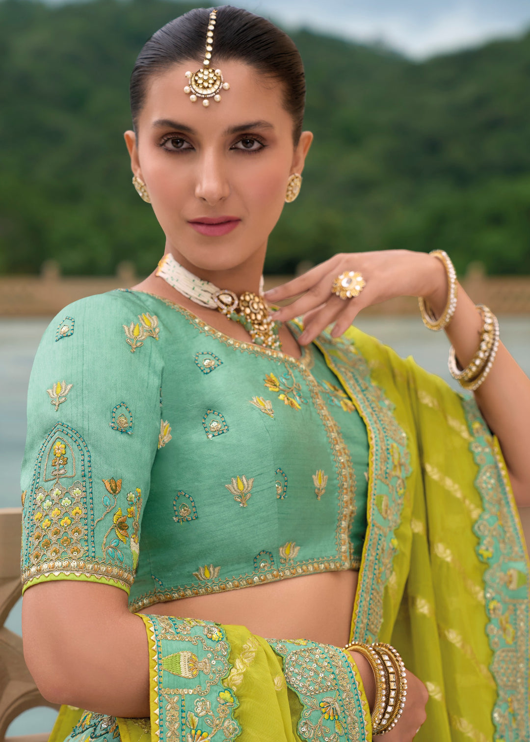 Mint Green Banarasi Silk Lehenga With Heavy Embroidery Work