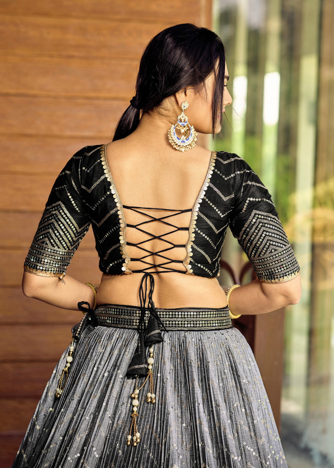 Sparkle Black Chinon Silk Lehenga With Sequence and Thread Embroidery Work