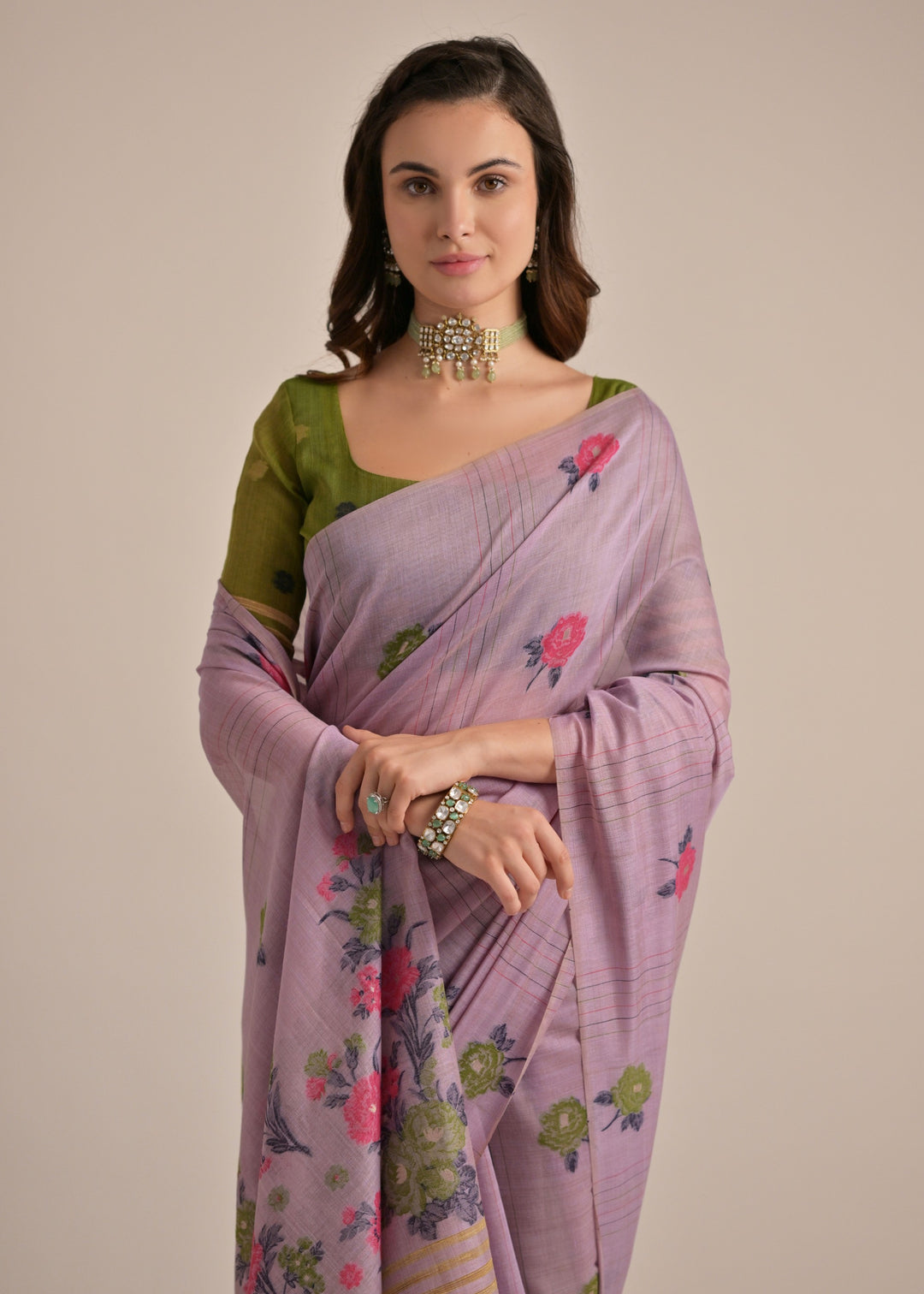 Thistle Purple Thread Woven Cotton Saree With Contrast Blouse