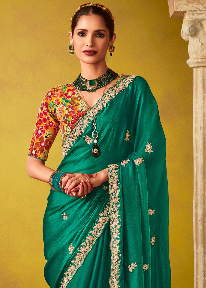 Bottle Green Glass Tissue Silk Saree With Sequins And Thread Embroidered Work