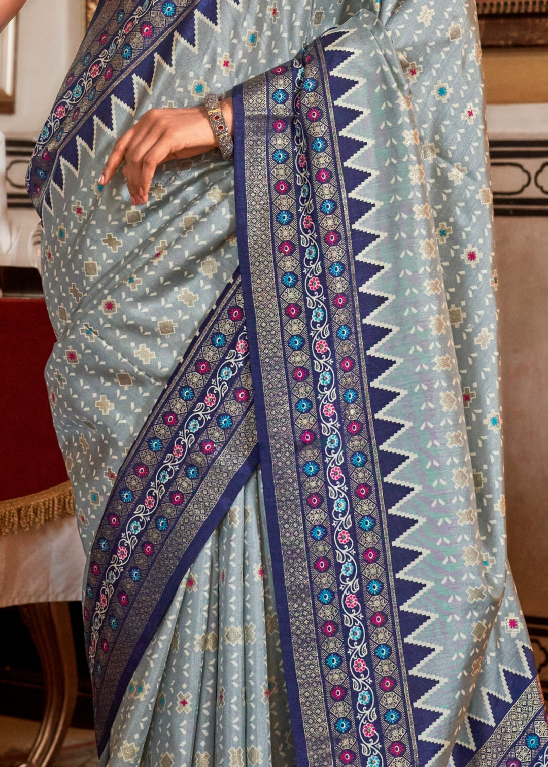 Light Steel Blue Silk Saree With Traditional Classic Design