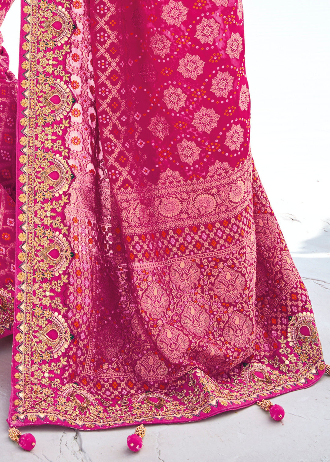 Hot Pink Pure Georgette Bandhani Patola With Zari Weaving Heavy Work Saree