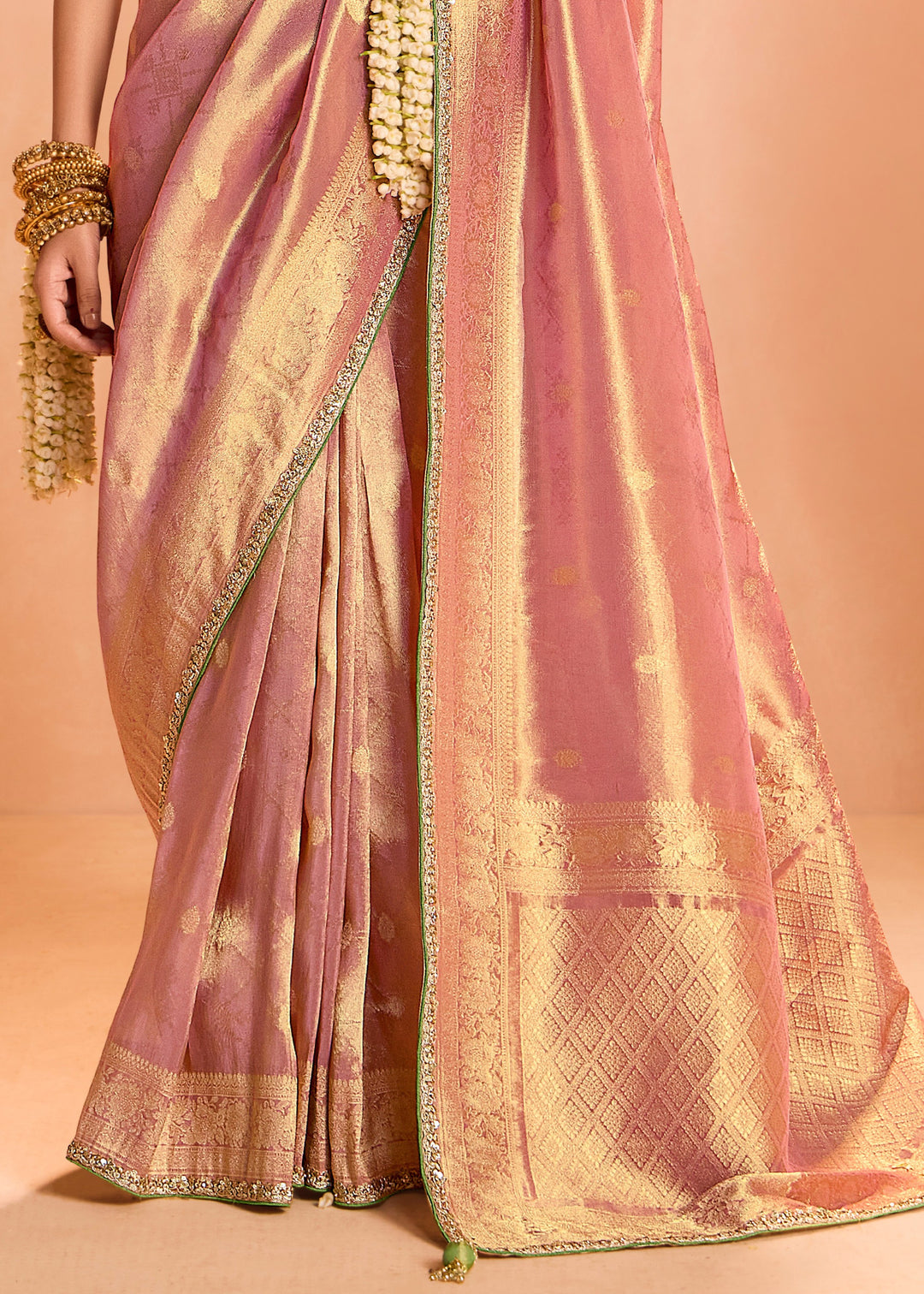 Rose Pink Zari Tissue Silk Saree With Weaving Work And Heavy Embroidery Lace