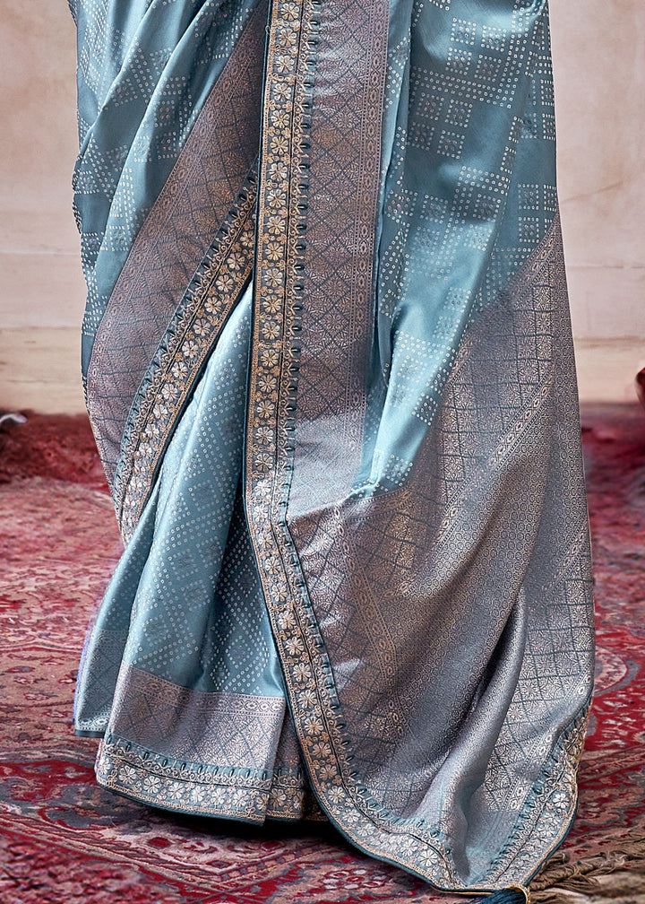 French Blue Satin Silk Saree With Heavy Embroidery Lace & Blouse