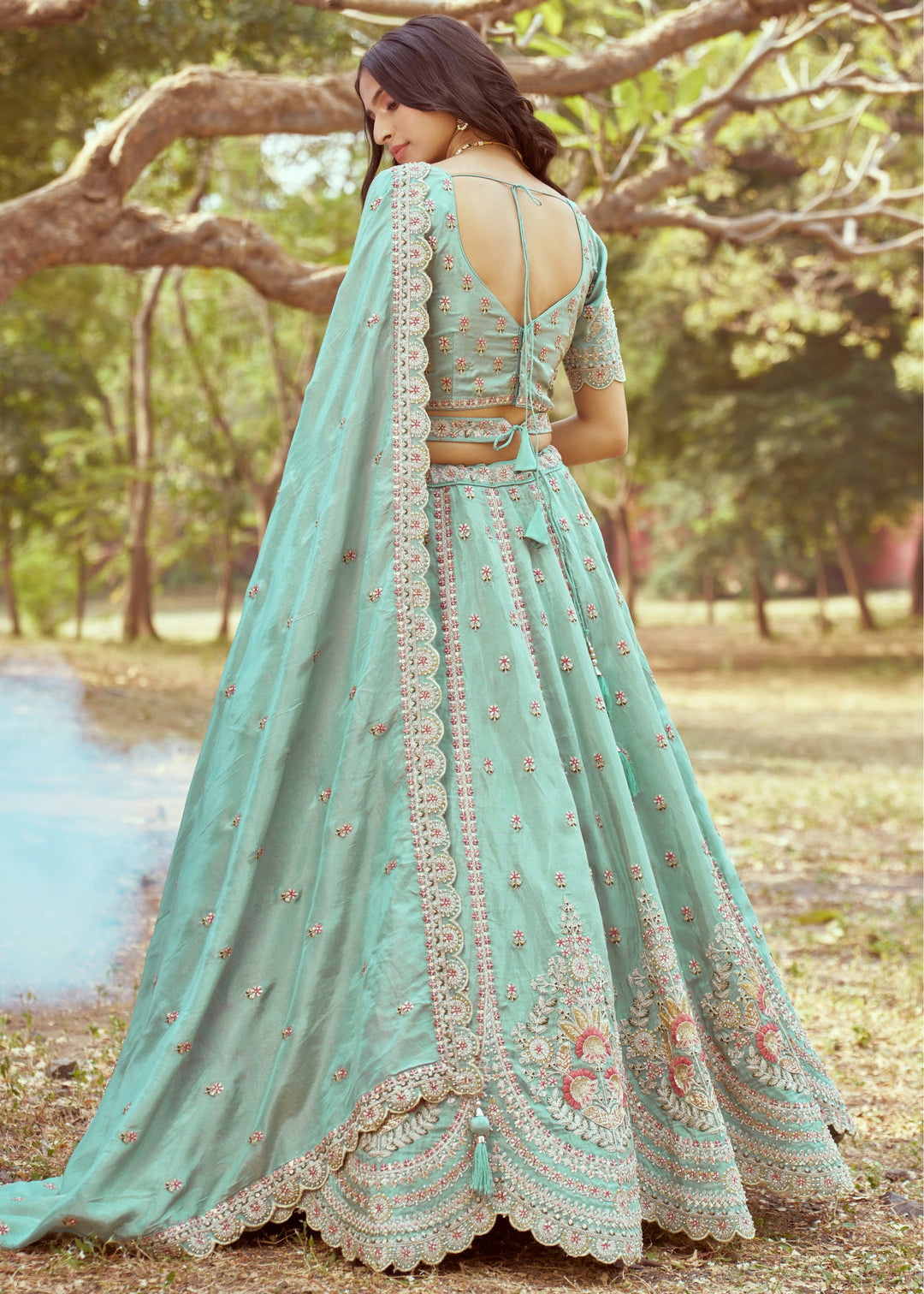 Seagreen Gold crushed Tissue Fabric Moti, Zari work Lehenga