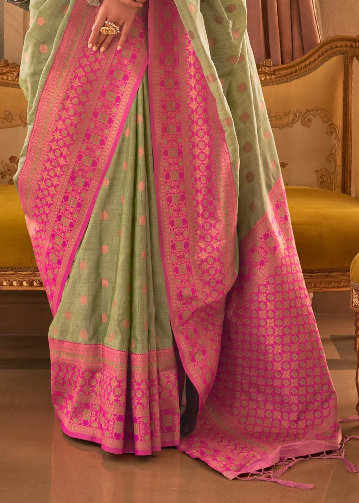 Apple Green Bamboo Copper Zari Handloom Weaving Saree