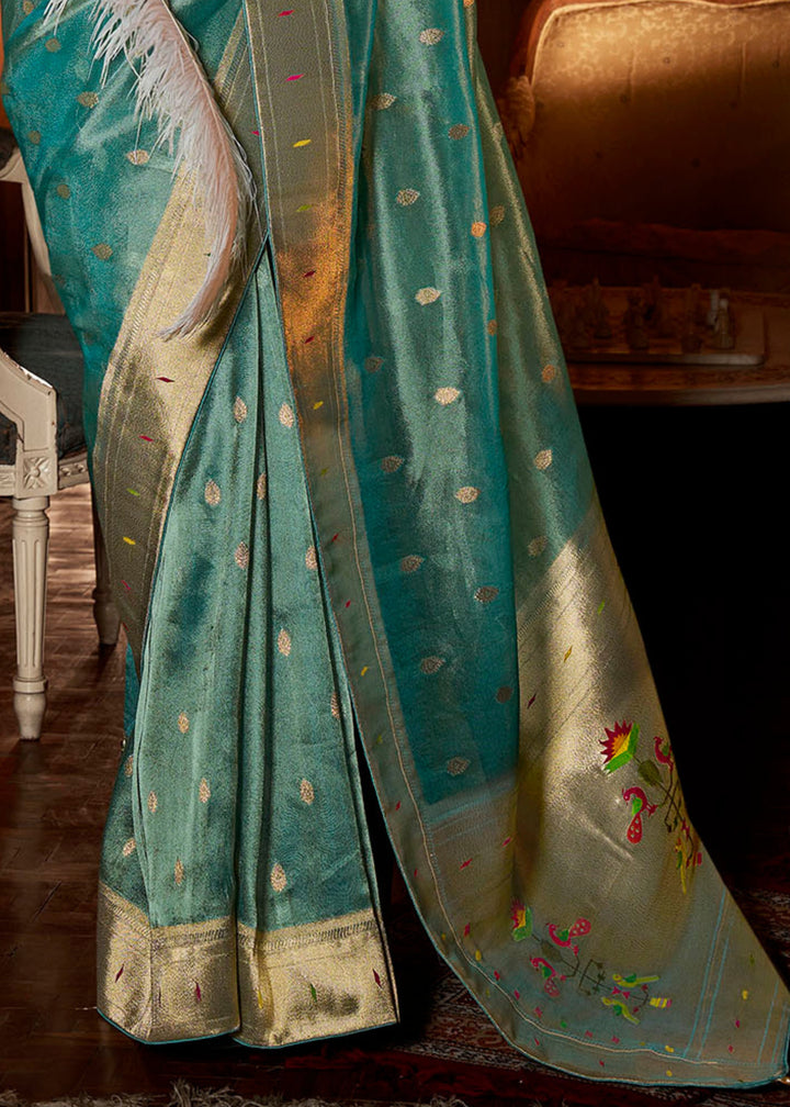 Cerulean Blue Pure Tissue Paithani Silk Saree with Heavy Designer Embroidered Blouse