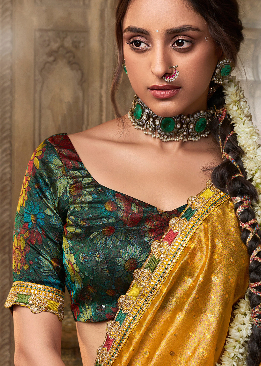 Tuscany Yellow Tissue Silk Saree With Multicolored Lace & Designer Blouse