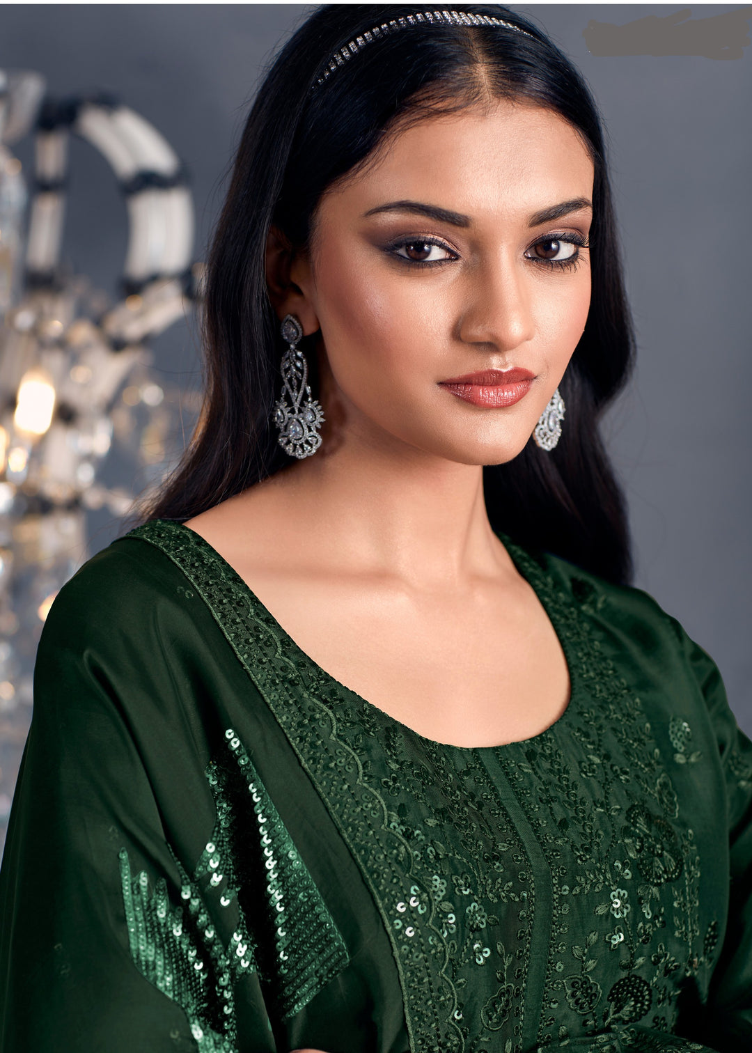 Green Hazel Russian Silk Sequins Salwar Suit