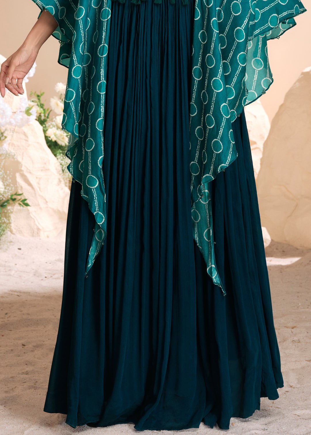 Prussian Blue Moti Embroidered Chinon Silk Gown With Digital Sleeves