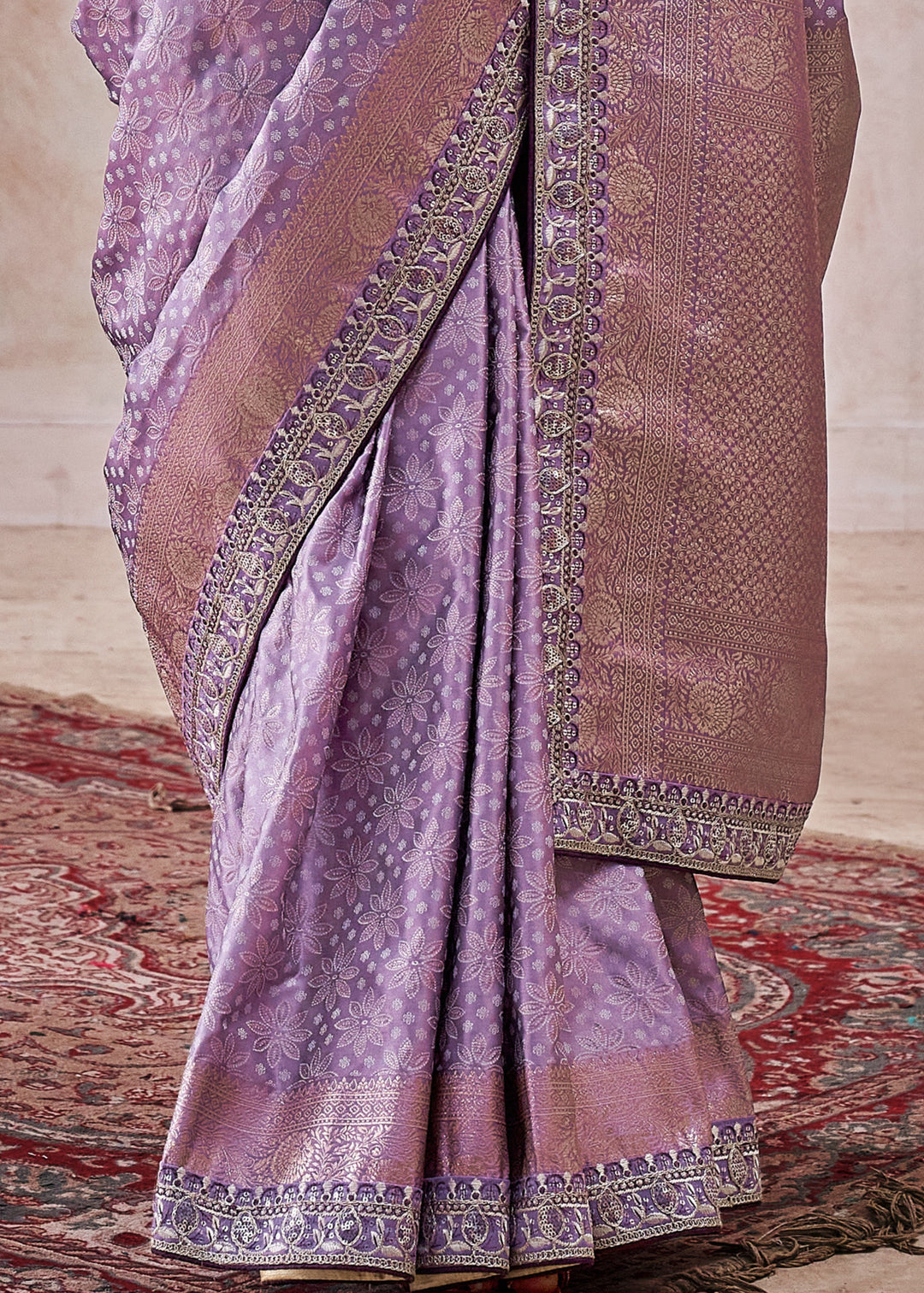 Dark Purple Satin Silk Saree With Heavy Embroidery Lace & Blouse