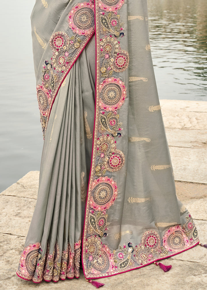 Flint Grey Viscose Tissue Silk Saree With Embroidery Cut Work Border And Sequence Work